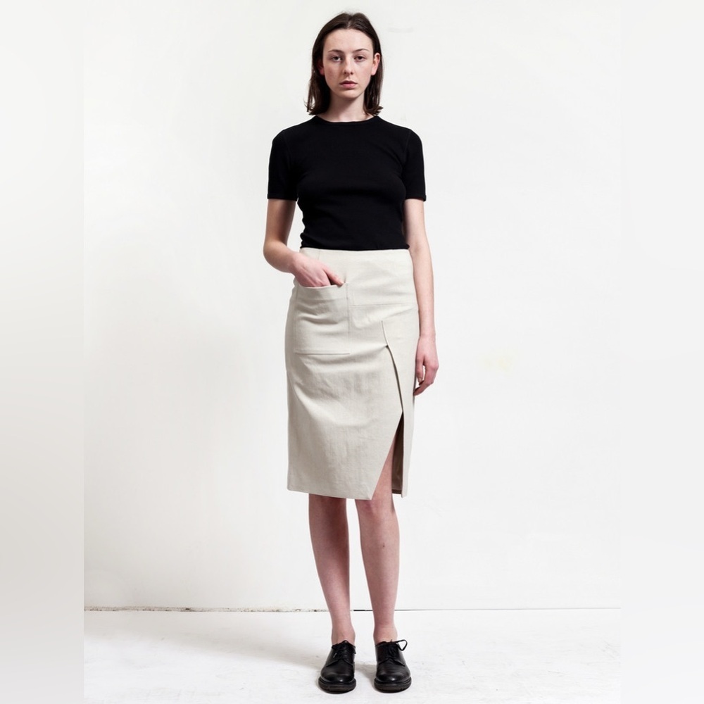 Acne Studios Karlotta Tan Cream Asymmetrical Pencil Linen Blend Skirt Size 38/M
